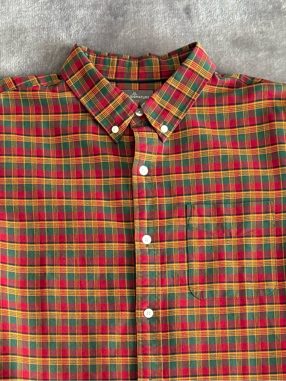 LL Bean Signature Flannel Slim Fit Shirt Men's LT Green Orange Cotton Tartan EUC